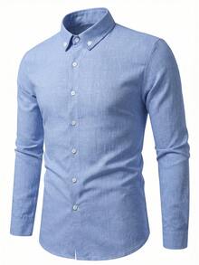 Manfinity Bizformal 男士简约纯色单排扣长袖衬衫 男士蓝色纽扣衬衫 男士长袖正装衬衫 - 淺藍色 - 查看 5