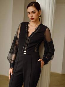 ZEYLAH Women's Elegant Lace Patchwork Long Sleeve Blouse, Spring/Summer - Black - View 7