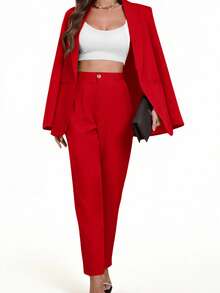 Aveloria Modichic Áo blazer cổ ve lật màu trơn, kiểu dáng thường ngày, thích hợp cho mùa xuân/thu. - Đỏ - Xem 6