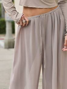 Hauture Women's Simple Sheer Chiffon Tie Waist Ruched Sexy Basic Maxi Pant - Brown - View 6
