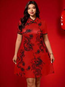 SHEIN Elenzya Đầm chữ A cỡ lớn in hình rồng Trung Quốc, thích hợp cho mùa xuân/hè. - Đỏ - Xem 6