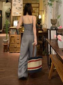 DAZY Conjunto informal de 2 piezas para mujer con top de tirantes plisado de unicolor y pantalones anchos plisados, conjunto de ropa de estar en casa para verano - Gris - Ver 8