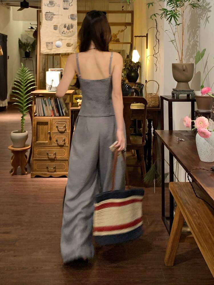 Women's Solid Color Pleated Camisole Top And Wide Leg Pleated Pants Casual 2 Pieces Set Summer