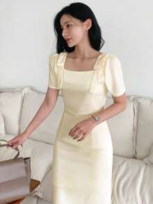 DAZY Women's Square Neck Bow Tie Waist Double Layer Mid-Length Dress - Apricot - View 3