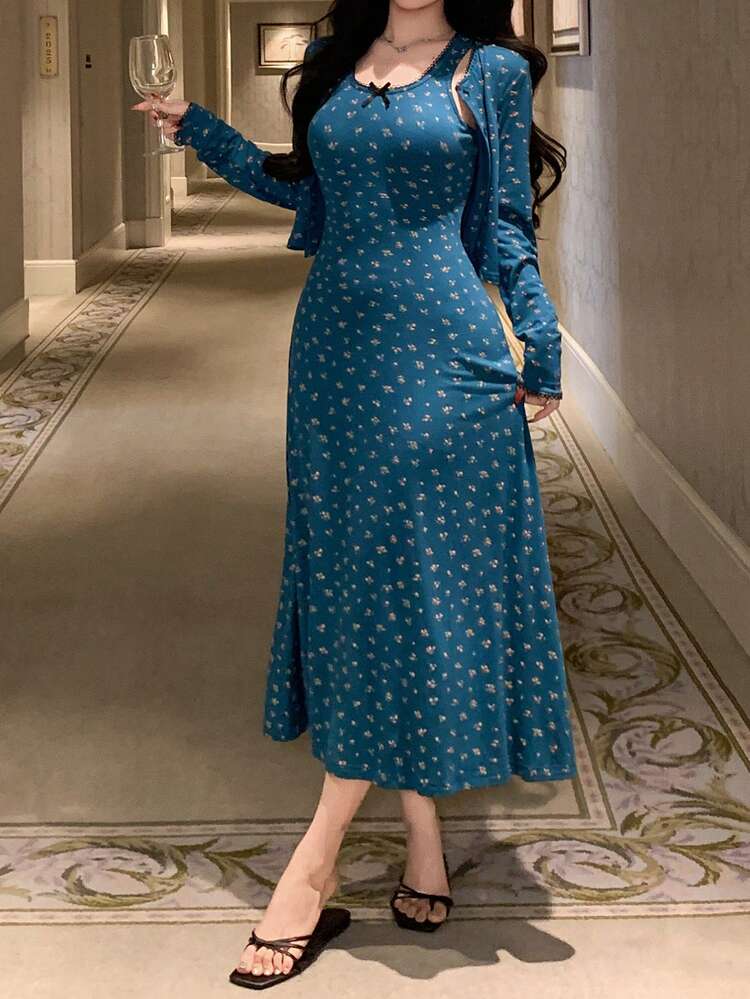 2pcs Ditsy Floral Camisole Dress & Long Cardigan Set, Women Sleepwear Suit