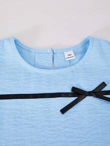 SHEIN 1 chiếc đầm chữ A màu trơn thanh lịch cho bé gái, trang trí nơ ruy băng, gấu đầm xếp ly, thích hợp mặc thường ngày vào mùa xuân/hè. - Màu xanh nhạt - Xem 5