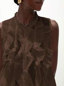 Aveloria Modichic Blusa elegante, romántica y versátil para mujer, de cuello con volantes de tul texturizado y sin mangas - Café integral - Ver 3