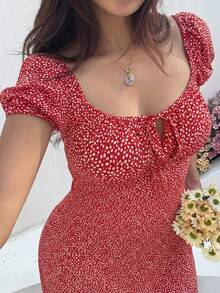 Vibekara 大码女式法式休闲优雅碎花短袖连衣裙 - 紅色 - 查看 6