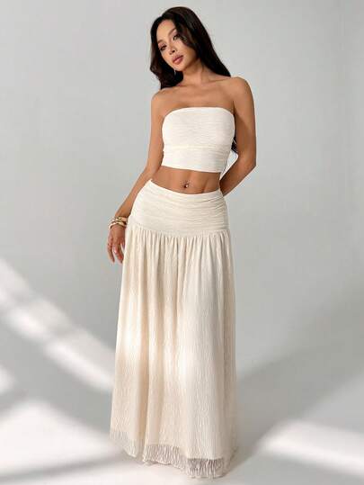 SHEIN PETITE 女士斑马纹网纱抹胸上衣和长裙套装，适合日常穿着和度假