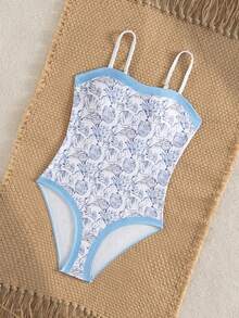 SHEIN 少女贝壳印花连体泳衣，适合游泳、度假、夏季海滩、泳池、节日派对 - 彩色 - 查看 5