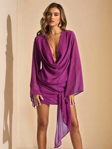 SHEIN BAE Designer Chiffon Wrap Mini Dress, Draped Neck, Flounce Hem, Solid Plum Purple, Suitable For Summer Vacation, Beach, Outings, Elegant - Purple - View 5