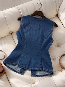 GlowEve Women's Casual Fashion Street Chic Daily Commute Single-Breasted Sleeveless Denim Vest Jacket, Summer - Blue - View 2