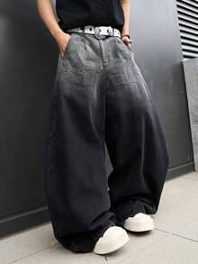 Manfinity EMRG Men's Street Fashion Casual 3D Embossed Curved Knife Black Denim Jeans - Black - View 3