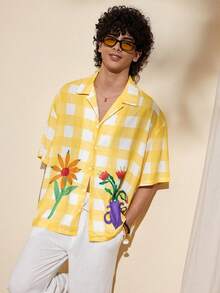 Felipe Marques 男士花卉格纹印花撞色短袖宽松衬衫，黄色格纹休闲衬衫，适合海岛度假、派对、波西米亚风、秋冬季穿着 - 彩色 - 查看 7