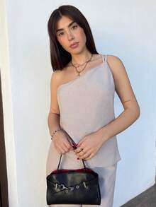 Hitanina 全新春夏套装优雅度假装杏色亚麻不对称褶皱腰露背上衣和高腰长裤 2 件套亚麻套装 - 杏色 - 查看 6