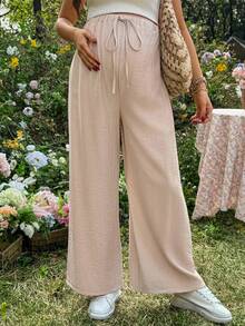 SHEIN Women's High Waist Loose Casual Pants,Pregnant Solid Color Elastic Drawstring Pocket Wide Leg Summer Capri Pants,Linen Two Piece Set,Peach,Sommar - Khaki - View 6