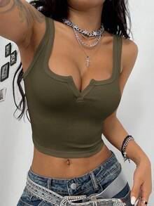 Coolane Women's Summer Concert Rave Festival Going Out Basic Renaissance Fair Club Sexy Y2K Rib Knit Army Green Notched Collar Truncated Tank Top - Army Green - View 2