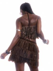 LYSMO Plus Size Sleeveless Casual Rave Party Top With Rhinestone & Tassel Decor, Suitable For Music Festivals In Spring/Summer - Brown - View 2