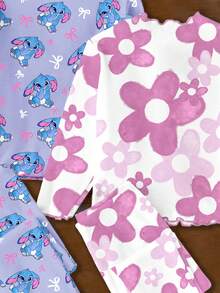 SHEIN LMoss Kids 少女可爱卡通蓝色兔子图案芭蕾舞风格睡衣套装，渐变花卉印花，粉色蝴蝶结印花，长袖长裤多件套，适合夏季、秋季、冬季休闲校园运动风、户外野餐、郊游、街头风、居家、上学等场合。 - 彩色 - 查看 6