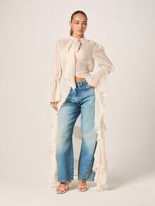 MISSGUIDED Blusa com Babados, Bainha Assimétrica, Amarração na Frente, Mangas Sino e Detalhe de Laço para Ocasiões Especiais - Damasco - Visão 2