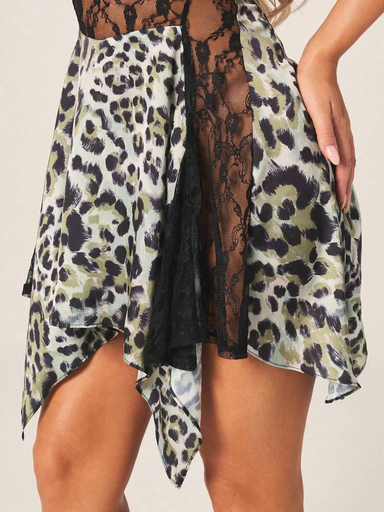 MISSGUIDED Leopard Print Cami Mini Dress With Lace Panel Asymmetric Hem Spaghetti Strap Summer Festival Outfit