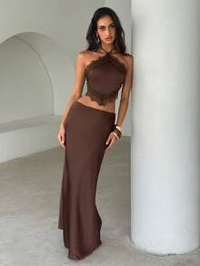 Aloruh Conjunto de 2 piezas con top halter sin espalda con ribete de encaje color café + falda, casual para vacaciones - Café integral - Ver 2