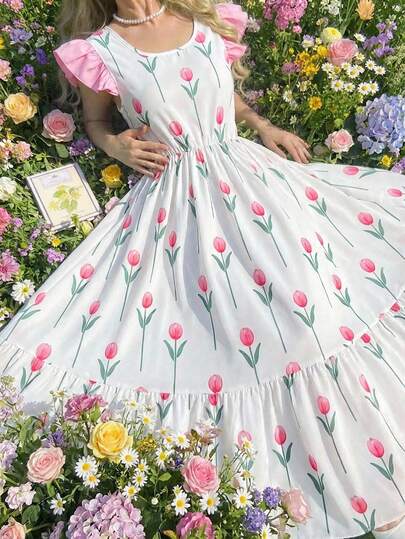 Sparklyn Tween Girl Print Dress, Fashion Design Suitable For Outing, Vacation, Parties And Other Occasions, Spring/Summer