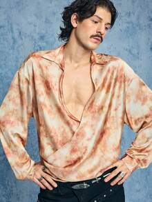 ROMWE MEN Street Life Men's Tie-Dye Print Wrap Collar Shirt - Brown - View 1