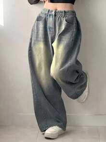 DAZY 女式宽松插袋阔腿休闲牛仔裤，宽松牛仔裤 - 中等水洗藍 - 查看 2