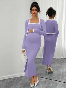 Momance Set de 2 piezas: Vestido de tirantes con parches para mujeres embarazadas y top de manga larga con abertura frontal, para uso diario casual - Morado - Ver 4