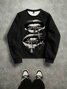 Manfinity EMRG 男士休闲街头风口哨十字印花圆领卫衣，秋季款 - 黑色 - 查看 1