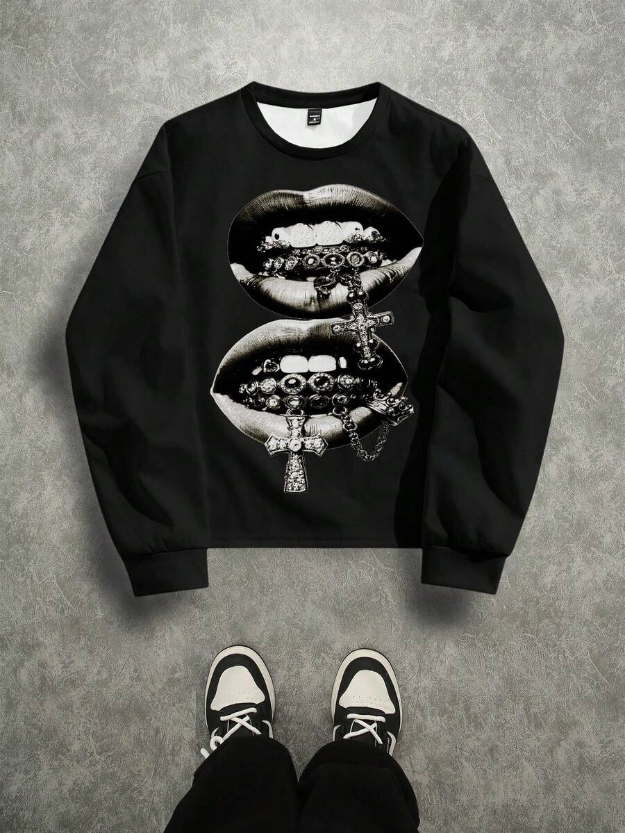 Manfinity EMRG 男士休闲街头风口哨十字印花圆领卫衣，秋季款 - 黑色 - 查看 1