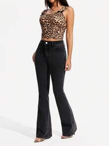 SHEIN PETITE Women Casual Street Fashionable Simple Plain Flared Jeans - Black - View 7