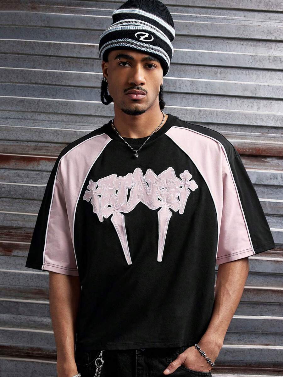 AXEPEAK 男士十字绣撞色圆领短袖休闲T恤 - 黑色 - 查看 1