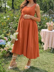 SHEIN 哺乳纯色U领无袖宽肩带褶皱舒适透气连衣裙 - 棕色 - 查看 3