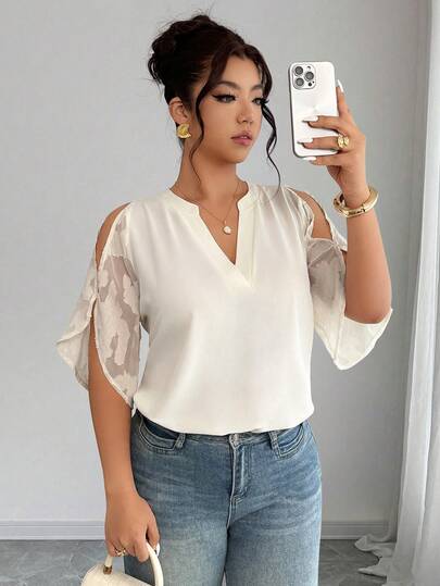 Elenzga Plus Size Women's Elegant Textured Jacquard Splice Loose Blouse, Spring/Summer