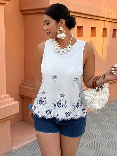 Breezaya Plus Size Women's Sleeveless Embroidered Contrast Color Blouse, Casual Vacation Top