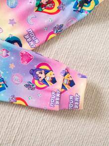 SHEIN Young Girl Letter & Cartoon Character Print Short Sleeve Top And Pants Pajama Set - Multicolor - View 3