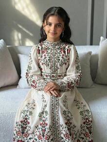 SHEIN 适合大女孩的优雅印花翻领长袖系带连衣裙 - 杏色 - 查看 4