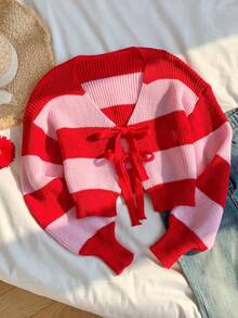 SHEIN EZwear Women's Ombre Striped Floral Print Tie Front Knit Cardigan - Multicolor - View 5