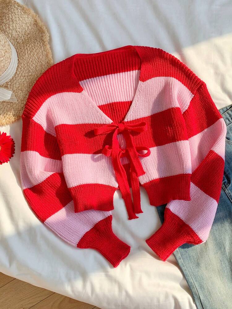 SHEIN EZwear Women's Ombre Striped Floral Print Tie Front Knit Cardigan - Multicolor - View 5