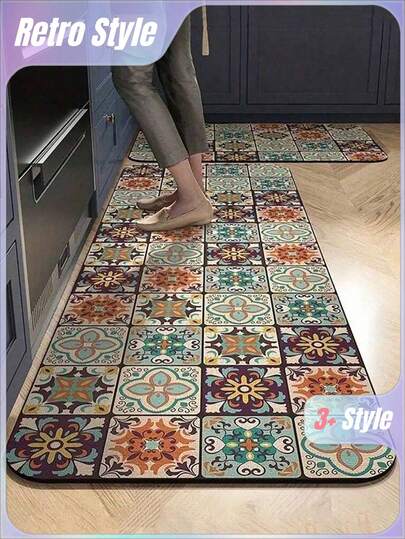 SHEIN 1Pc Vintage Floral Pattern Diatomaceous Earth Kitchen Floor Mat & Rug Valentine DAY, Valentines Wedding, Birthday, Kitchen, Kitchen Decor, Home Decor