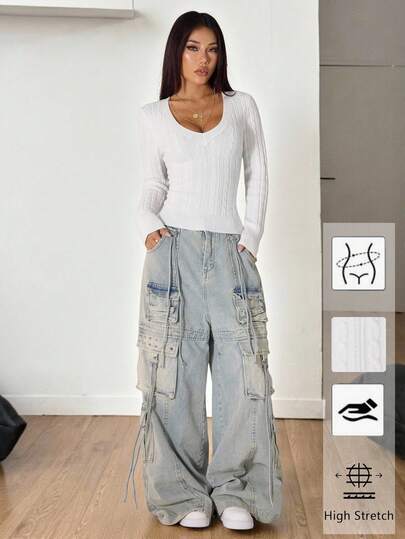 SHEIN PETITE 女士秋冬复古学院风 Y2K 日常穿搭外出文艺复兴集市夜店装扮白色 V 领毛衣