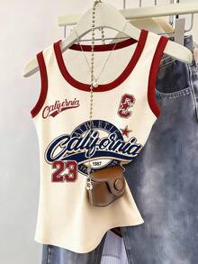 Noixe Women's Round Neck Letter & Number Print Casual Versatile Daily Wear Top - Apricot - View 1