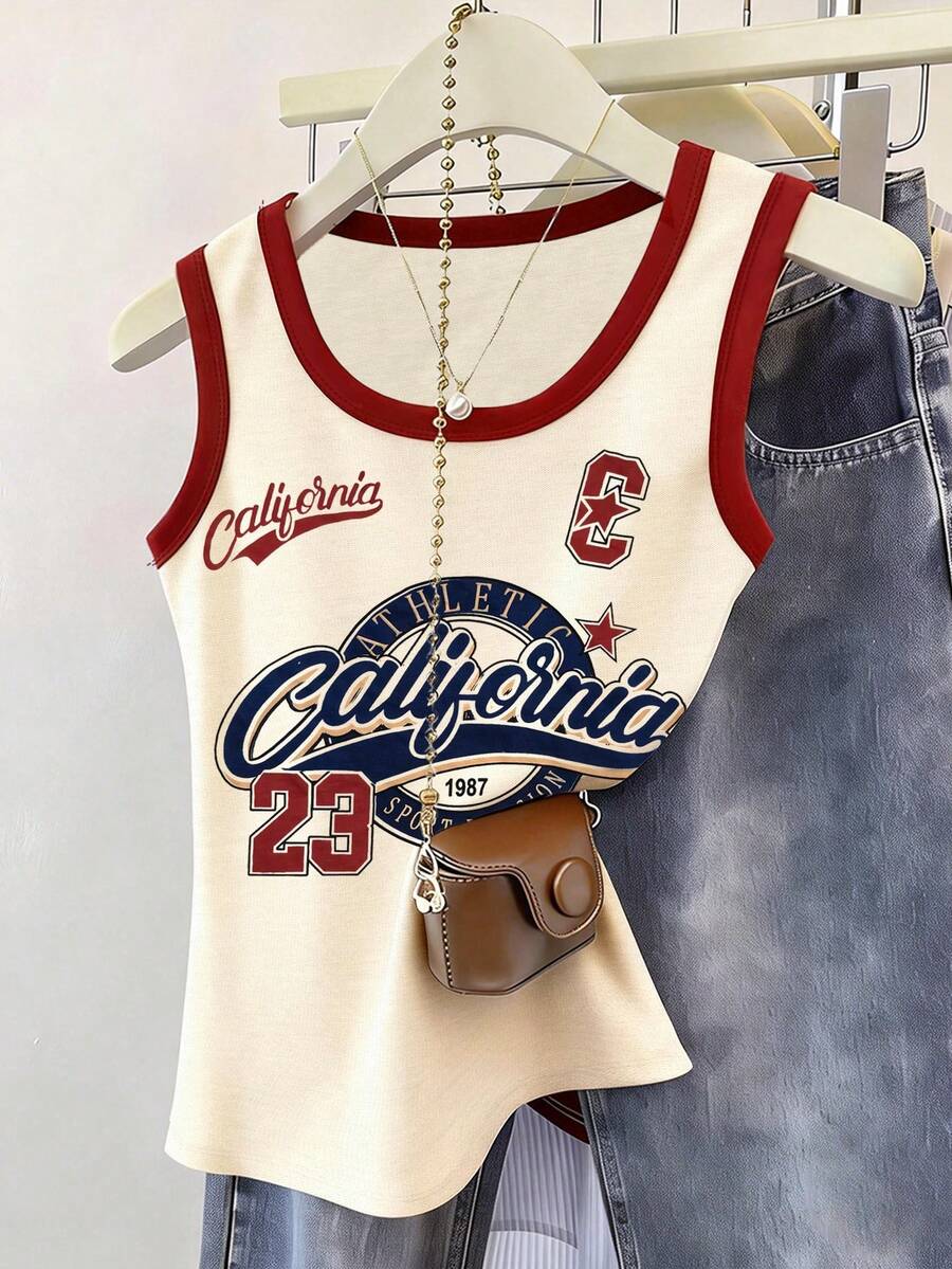 Noixe Women's Round Neck Letter & Number Print Casual Versatile Daily Wear Top - Apricot - View 1