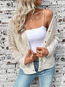 Breezaya Women's Apricot V-Neck Perforated Button Cardigan, Fashionable Versatile Minimalist Design, Suitable For Spring/Summer, Beach Vacation - Apricot - View 7