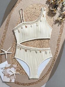 SHEIN Tween Girl Starfish Trim Cutout One-Piece Swimsuit Teen Girl Bathing Suit Seashell Bathing Suit High Waist Swimsuit Set Seashell Bikini Modest Bikini Set One Shoulder Bikini - Beige - View 1