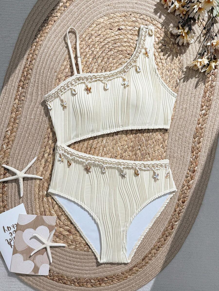 SHEIN Tween Girl Starfish Trim Cutout One-Piece Swimsuit Teen Girl Bathing Suit Seashell Bathing Suit High Waist Swimsuit Set Seashell Bikini Modest Bikini Set One Shoulder Bikini - Beige - View 1