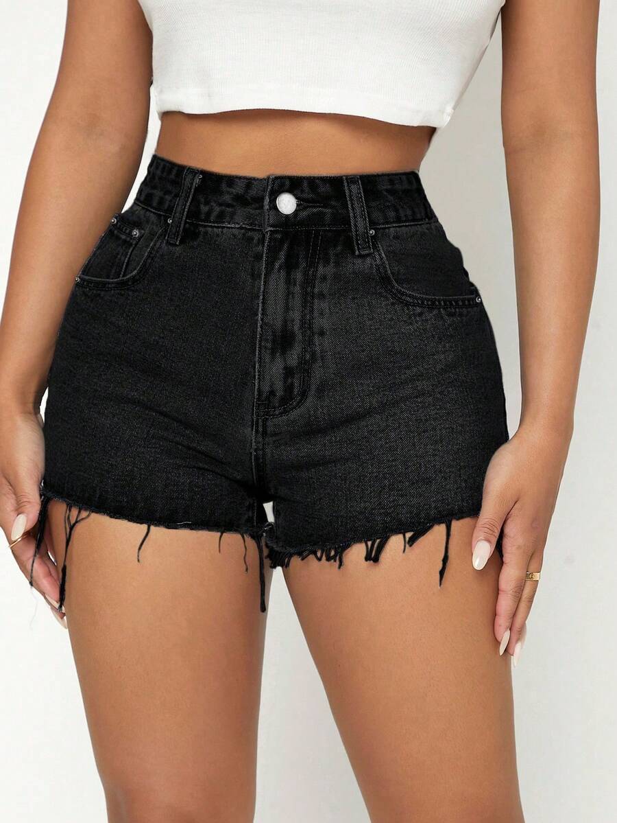 SHEIN PETITE Shorts en mezclilla bajo crudo - Negro - Ver 1