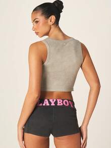 Missguided x Playboy Racerback Tank Top With Pink Logo Detail Sleeveless Ribbed Cropped Summer Athletic Training Casual Comfortable Fitted Sports Bra Style - Grey - View 2